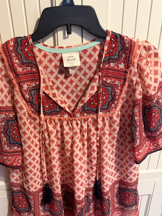 Knox Rose Tops - Knox Rose Coral and Navy Patterned Boho Tunic